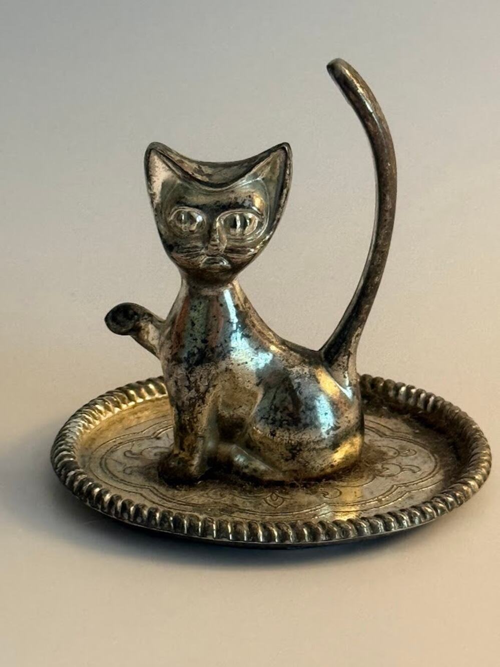 Vintage Silver Plate Cat Ring Holder: Jewelry Dish, Cat Decor